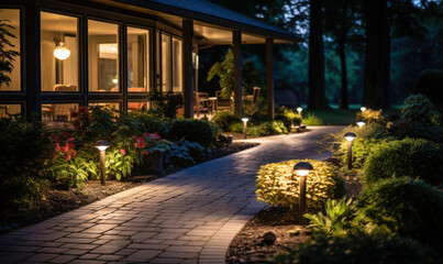 Evening View of a Beautifully Lit Garden Path Leading to a Cozy House, Landscape Lighting Enhancing Home Curb Appeal and Safety - obrazy, fototapety, plakaty