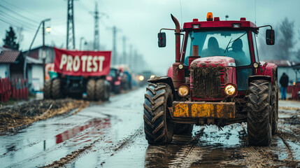 Rugged tractor with a 'PROTEST' sign on muddy rural road during a demonstration, symbolizing...