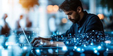 Network engineer in a blurred office setting, working on a laptop with a futuristic interface displaying network connectivity and data streams