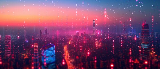 futuristic cityscape technology scene at twilight, with line dot floating over the city, conceptual installation art, captivating skylines