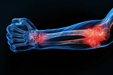 an x-ray of a painful elbow on black background - obrazy, fototapety, plakaty