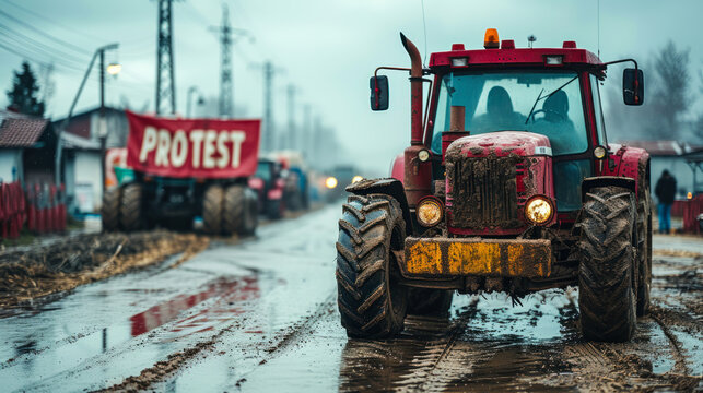 Rugged tractor with a 'PROTEST' sign on muddy rural road during a demonstration, symbolizing agricultural activism and the plight of farmers