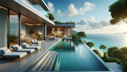 Fototapeta na wymiar Luxurious Beachfront Villa with Infinity Pool Overlooking the Ocean Summer Vacation Background