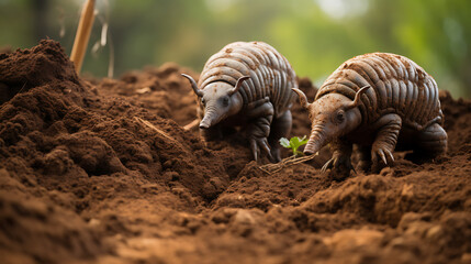 Armadillos digging in the dirt.