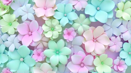 Seamless 3D Pattern with Pastel Flowers in Light Green, Pink, Lemon, and Blue Colors