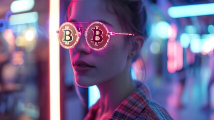 Obraz premium A Portrait of a Hipster Woman Wearing Bitcoin Glasses, Neon Lighting, with Bitcoins for Lenses.