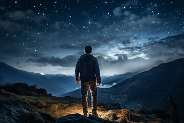 a man standing on a mountain top, captivated by the enchanting and star-dominated night sky