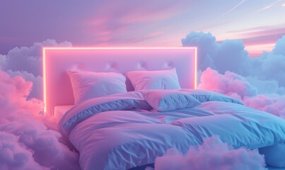 A Comfortable Bed Floating in the Clouds, Illuminated with Light Blue and Purple Neon Tints
