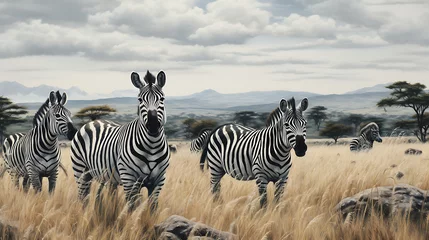 Schilderijen op glas A group of zebras grazing. © Muhammad