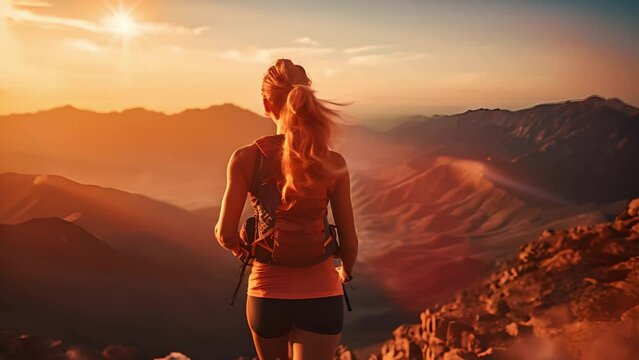 Sport woman trails running to the top of the mountains and looking beautiful nature scene. 4k Video footage