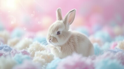Joyful Bunny Adorned with Bow Among Sorbet Spring Hues