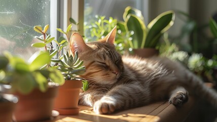 Cat in Sunny Window, Sorbet-Colored Plant Pots Around