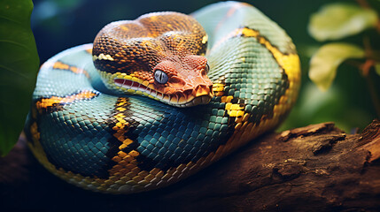 A python coiled on a tree branch.