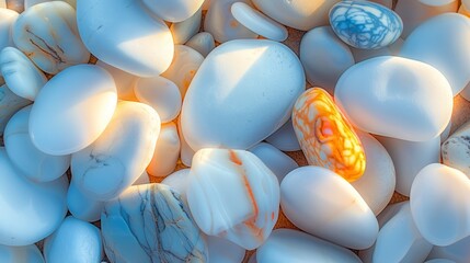close-up colorful pebbles bathed in soft sunlight on the beach including shades of white, blue, and orange, natural background.