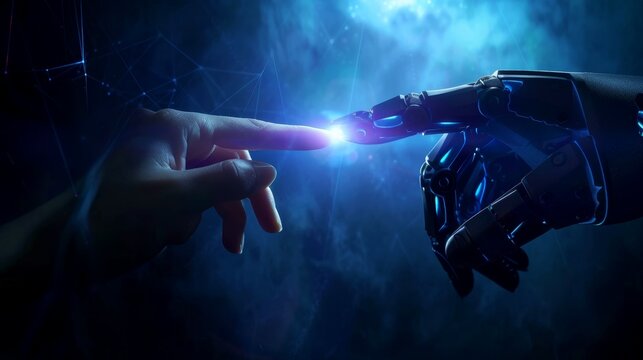 Cyborg finger about to touch human finger with light effect on dark background