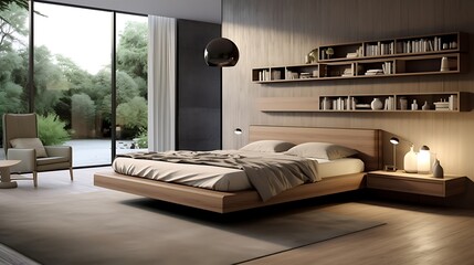 A bedroom with a floating bed design and integrated bookshelves as a headboard