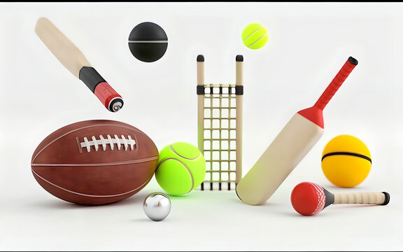 3d outdoor gaming tools or equipments like cricket bat, various balls, wickets and others display on a isolated background for showing concept of outdoor sports.