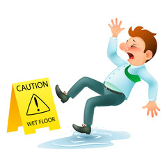 cartoon man having accident slipping on wet floor and falling down near yellow caution sign on a white background.  isolated vector illustration. please be careful wet floor is danger