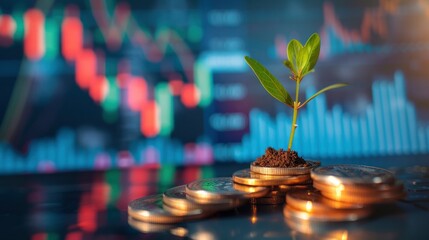 A Stack of Coins with a Small Plant Sprout Growing Out of It, Against an Upward Stock Chart Background