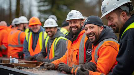 Smiling Builders on the Job Site - obrazy, fototapety, plakaty