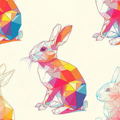 Bunny line art cartoon colorful repeat pattern, vibrant colorful bright pop art party funky kawaii