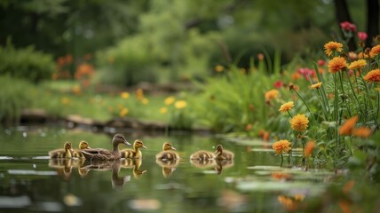 Ducklings by Pond, Sorbet-Colored Flowers Surrounding
