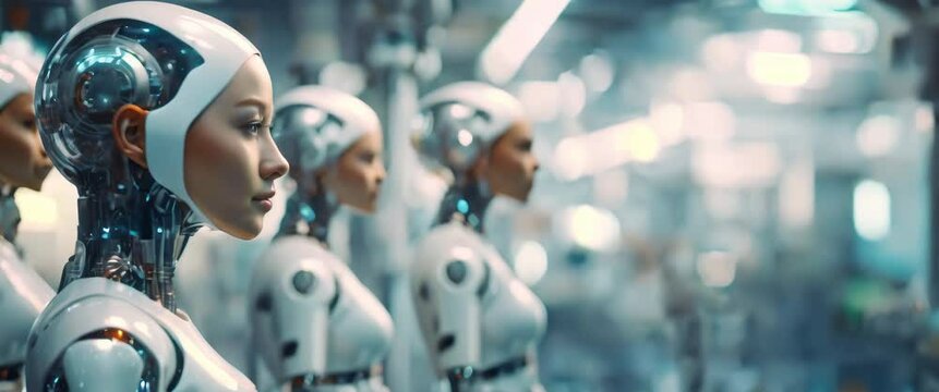 Line of futuristic humanoid robots with a female face. A sequence of advanced androids with AI technologies stand in a line, reflecting a high-tech and automated future. Panorama with copy space.
