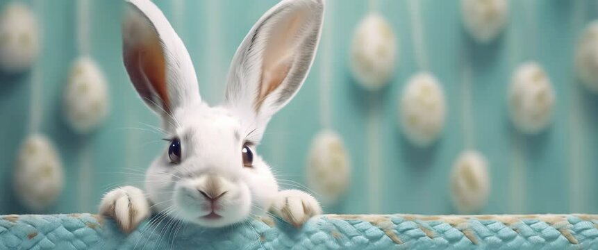 A white rabbit with long ears peeking over a surface. Curious bunny with oversized ears emerging over a soft edge, with patterned eggs in the backdrop. Catholic Easter celebration background.