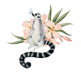 Adorable lemur with blue butterfly on its nose with tropical pastel peach pink oleander flowers watercolor illustration isolated on white background. Hand drawn cute animal with long tail