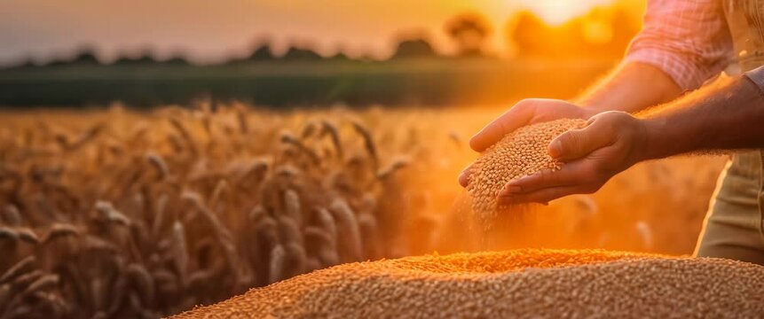 A farmer's hands running through a mound of golden wheat grains. Sunset over a wheat field, hands sifting through harvested crop