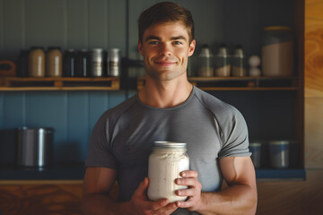 Handsome young man in grey t-shirt holding jar of protein shake