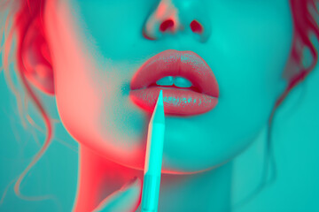 Close-up of female lips with white lip pencil. Beauty, fashion. - obrazy, fototapety, plakaty