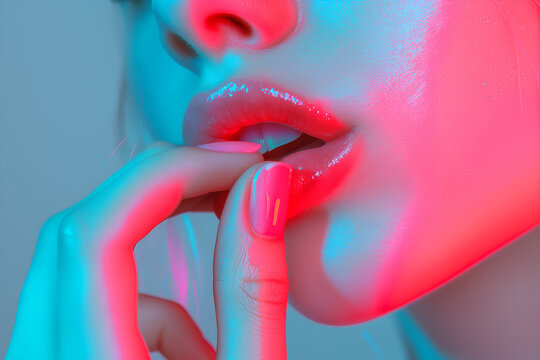 Close-up of female lips in neon light. Woman with red nail polish.