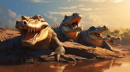 Crocodiles basking in the sun.