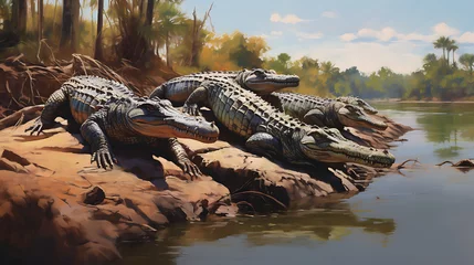 Poster Im Rahmen Crocodiles basking in the sun. © Muhammad