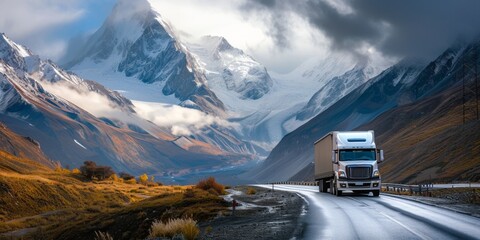 A semi truck delivers cargo - obrazy, fototapety, plakaty