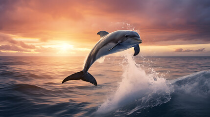 Dolphins leaping out of the ocean.