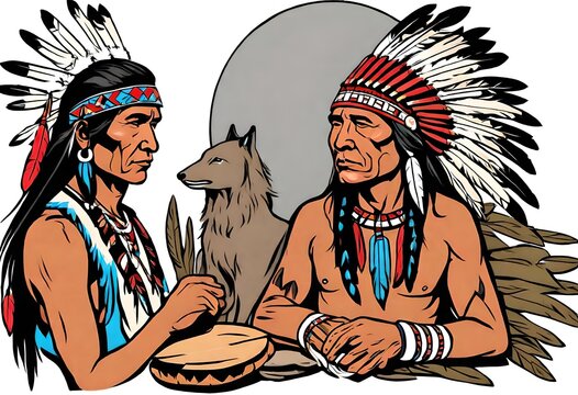 vintage vector clipart of native aboriginal clipart of a chief with headdress and traditional clothes
