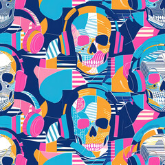 Skulls with earphones cartoon pop art minimal repeat pattern, funky music audiophile dj headphones listen to the death party line art repetitive design background 