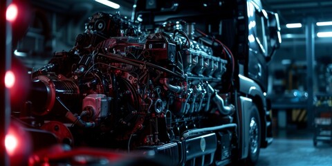 Fototapeta premium Close-up of a powerful semi truck engine