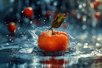 Persimmon In Water Surreal And Forming A Splash Falling Into The Water Realistic Scene