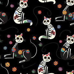 Cat sugar skull cute floral funny Halloween repeat pattern, Day of the Dead festival bone kitty decoration Calavera Mexican Gothic spooky repetitive cartoon