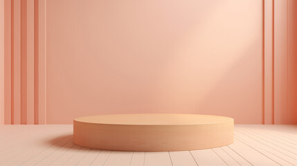 Fototapeta na wymiar empty wooden podium on peach rosegold pastel color room background. product presentation. color of the year