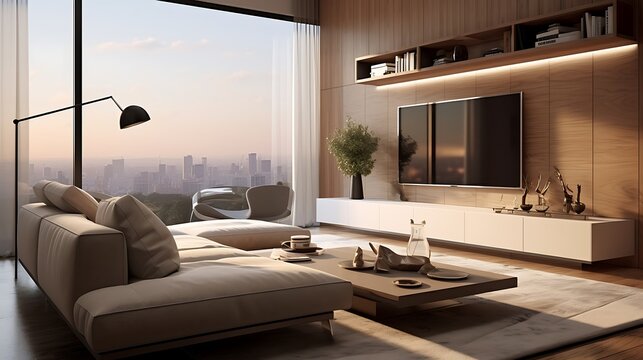 An open-plan living area with a chaise lounge and a wall-mounted entertainment unit