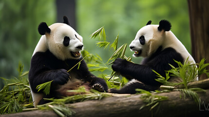 Giant pandas eating bamboo.