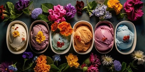 Fototapeta premium AI generated illustration of colorful ice cream bowls on a bed of fresh flowers