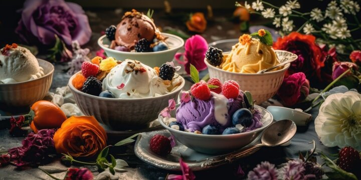 AI generated illustration of a selection of colorful ice cream bowls and flowers arranged around