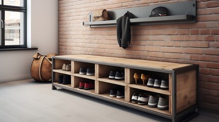 An industrial-style entryway with hidden shoe storage within a bench - obrazy, fototapety, plakaty