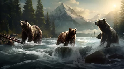 Fotobehang Grizzly bears fishing in a river. © Muhammad