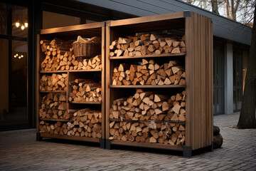 firewood storage with chopped firewood, reserve for the heating season - obrazy, fototapety, plakaty